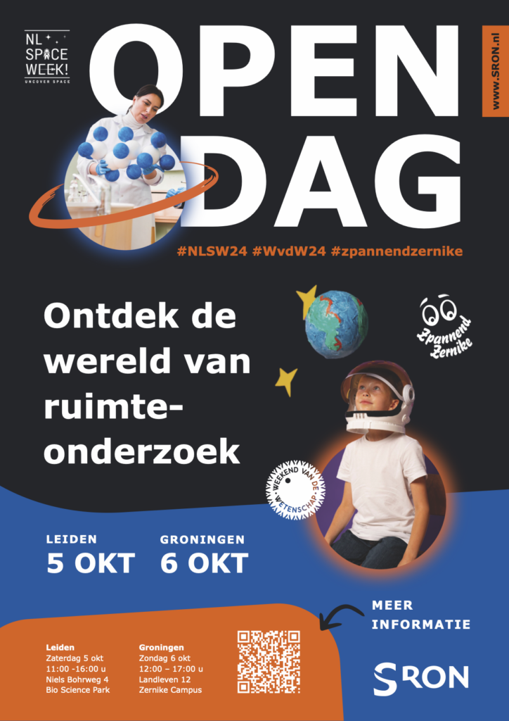 SRON Open Dag poster met kind en volwassene ruimteonderzoek